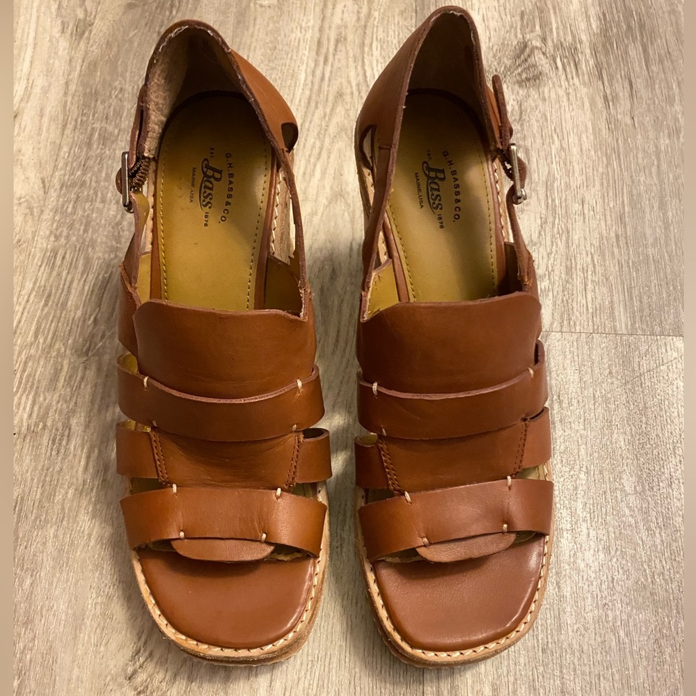 G HBass & Co Wedges Taylor Camel Brown Leather Strappy Platform Cork Heel sz 8M - Picture 15 of 16